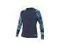 Dunkelblaues Langarmshirt mit blauem Blattmuster an den Ärmeln.