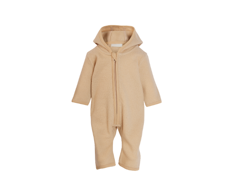 Sandfarbener Baby-Overall mit Kapuze und Reißverschluss