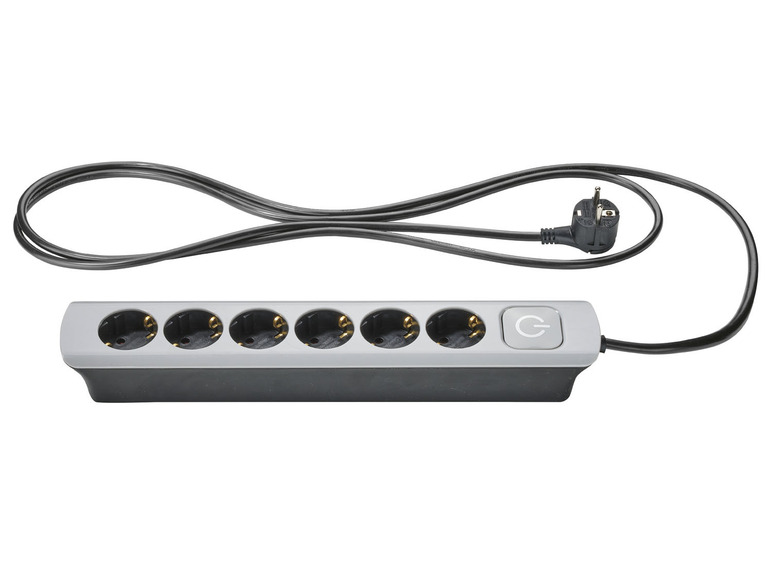 Steckdosenleiste mit sechs Steckdosen, Schalter und Kabel.