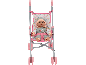 Puppe in einem rosa Puppenbuggy.