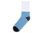 Eine blaue Socke mit weißen und schwarzen Akzenten.