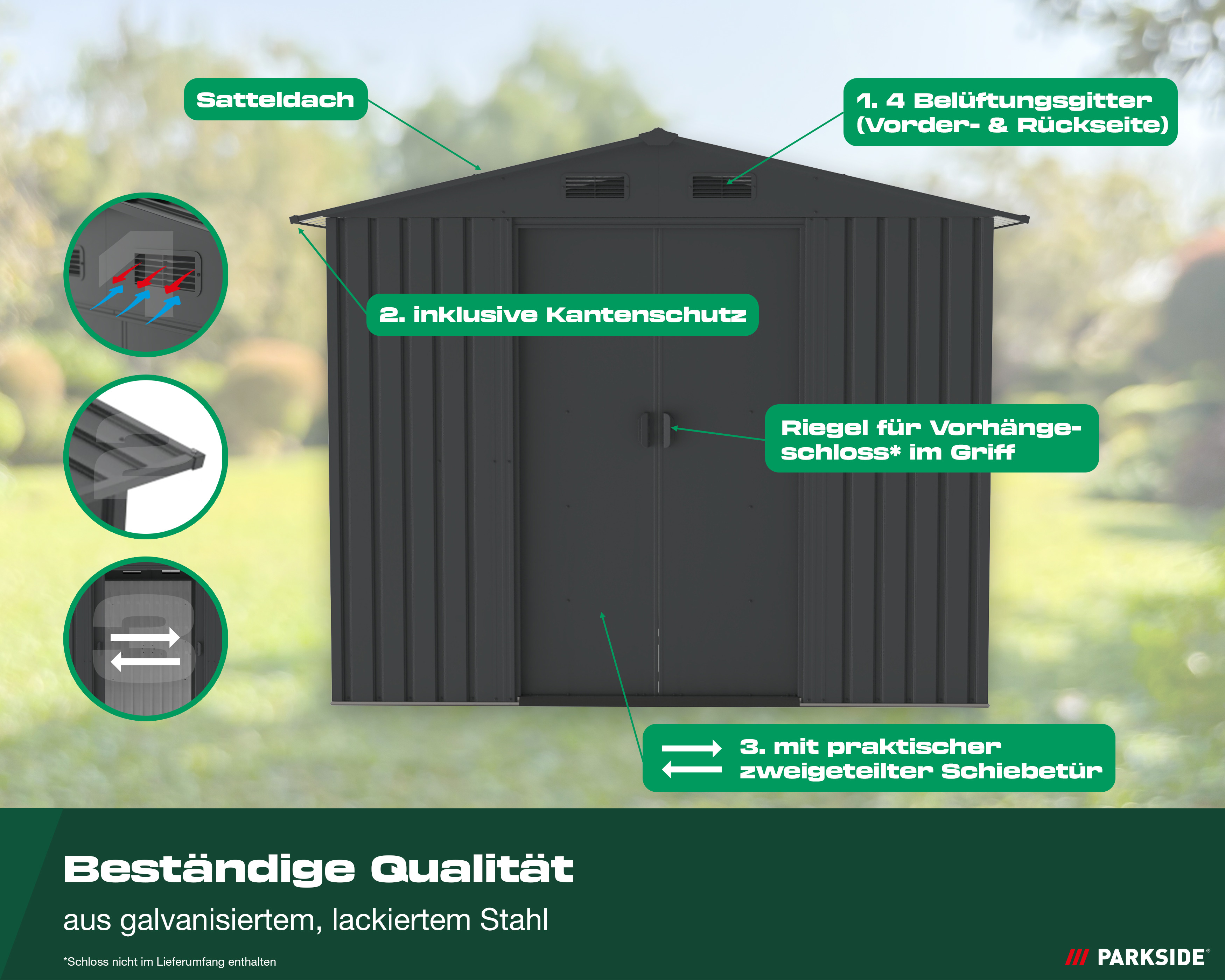 DProduktgrafik des Metall-Gerätehauses mit Beschriftungen: Satteldach, 4 Belüftungsgitter an Vorder- und Rückseite, inklusive Kantenschutz, zweigeteilte Schiebetür mit Riegel für Vorhängeschloss im Griff sowie beständige Qualität aus galvanisiertem, lackiertem Stahl