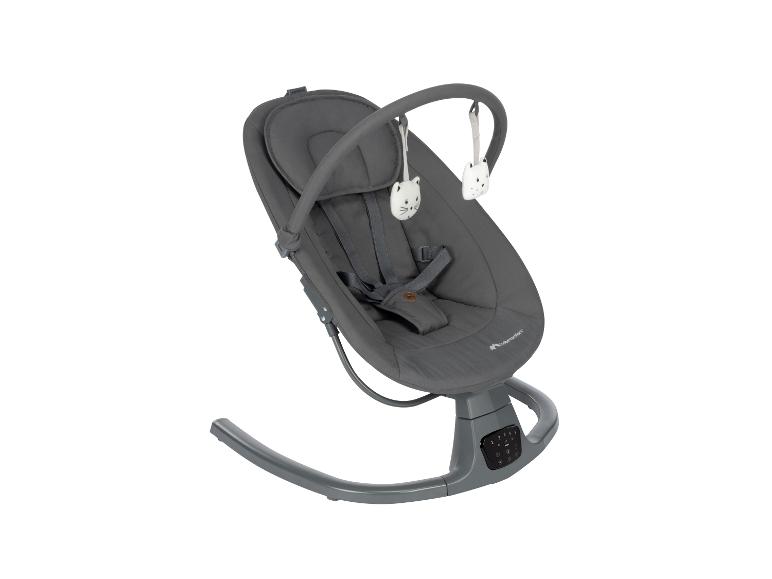 Graue Babywippe mit Schaukelfunktion und katzenförmigen Spielzeugen