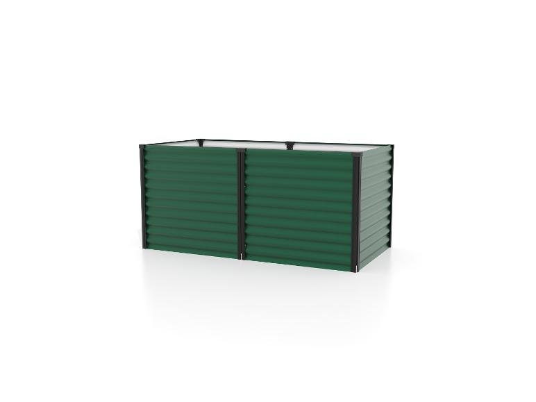 Dunkelgrünes Hochbeet aus Metall mit Wellblechpaneelen.