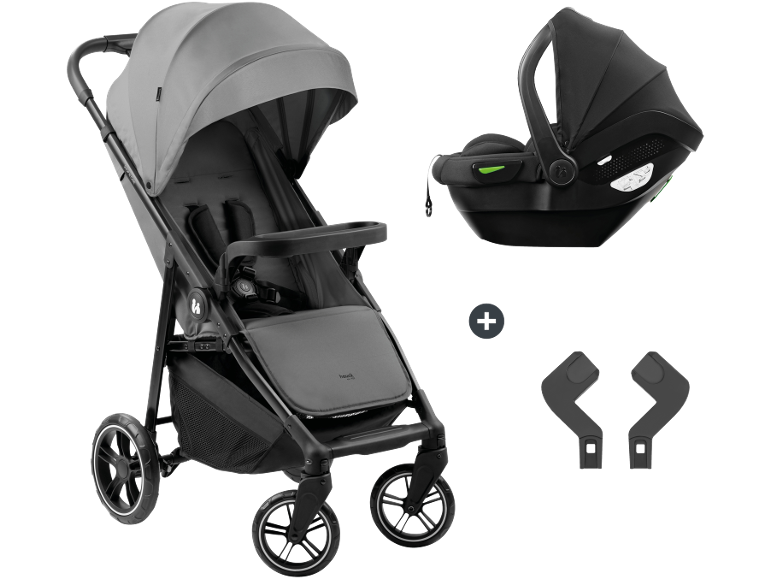 Hauck grauer Kinderwagen mit schwarzem Autositz und Adaptern