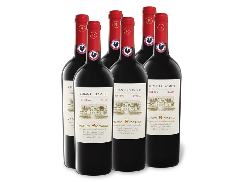 Sechs Flaschen Rotwein von Medici Riccardi, Chianti Classico Reserva.