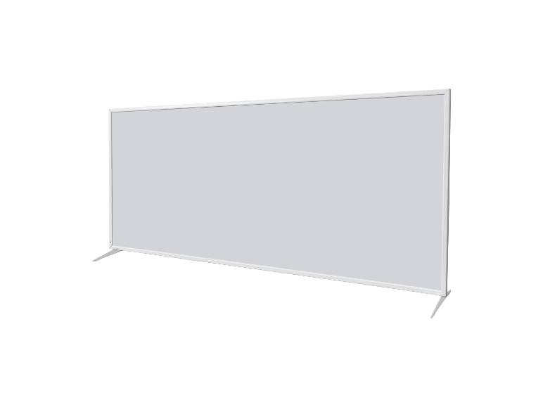 Ein weißer, tragbarer Raumteiler mit hellgrauem Paneel.