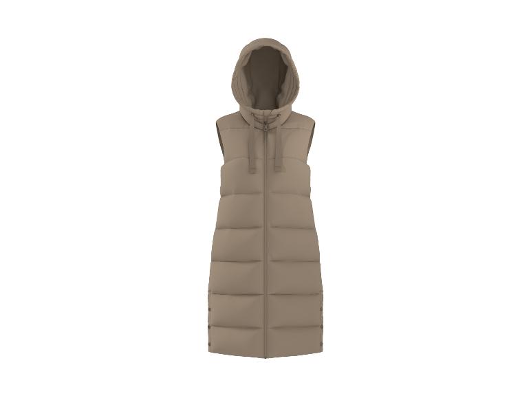 Beige, lange, gesteppte Damenweste mit Kapuze.