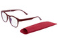 Rote Brille mit blauen Gläsern und passendem Etui.