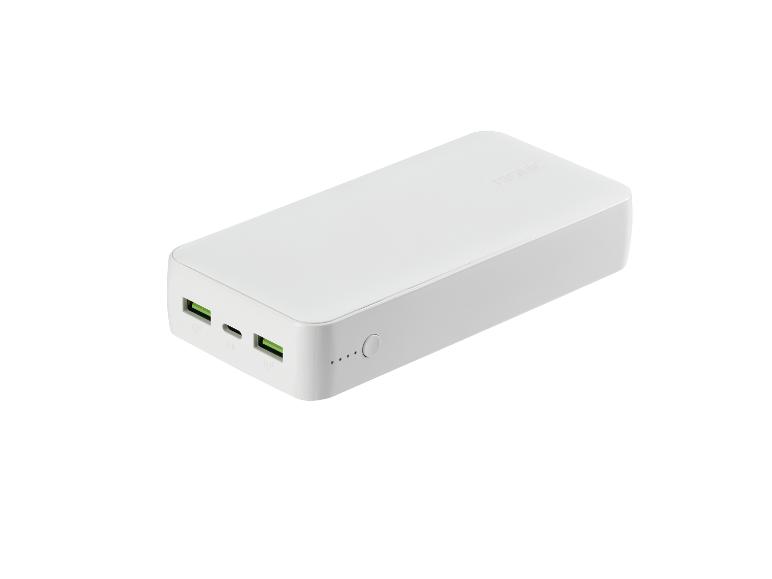 Weiße Tronic Powerbank mit zwei USB-Anschlüssen und einem USB-C-Anschluss.