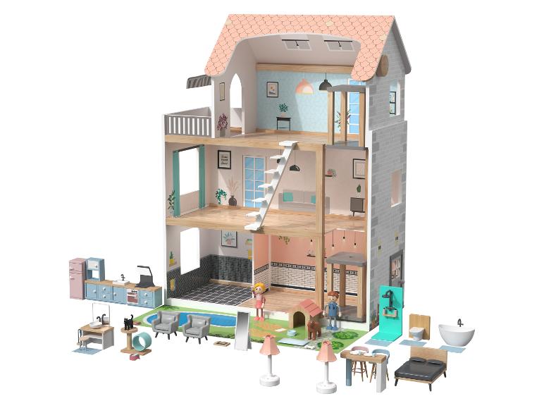 Ein dreistöckiges Puppenhaus mit einer Auswahl an Möbeln und Figuren.