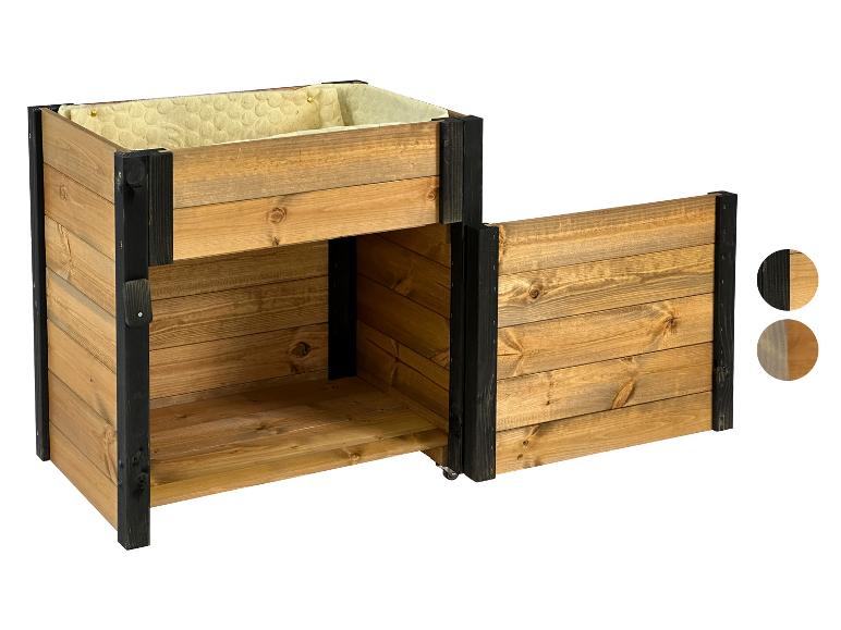 Holz-Hochbeet mit Stauraum, Naturholz-Finish und schwarzen Akzenten.