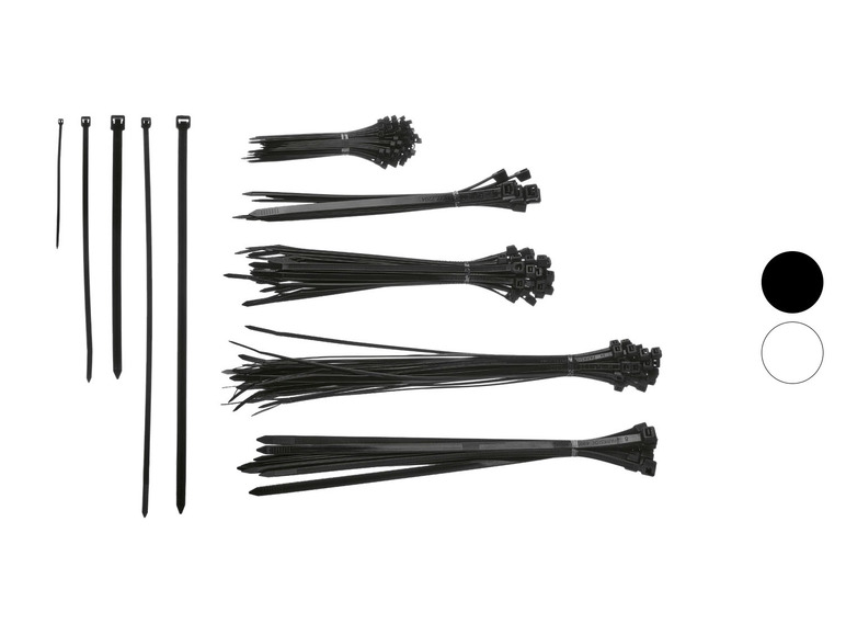 Schwarze Kabelbinder in verschiedenen Größen.