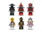 Sechs LEGO Ninjago Minifiguren: ein Ninja, zwei rote Dämonen, ein goldener Ninja, ein schwarzer Ninja und eine weibliche Figur.