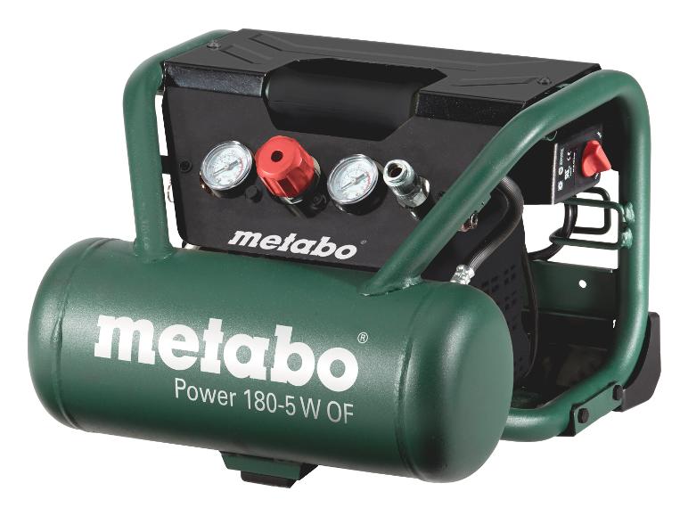 Grüner und schwarzer Metabo Power 180-5 W OF Luftkompressor mit Manometern und Regler.