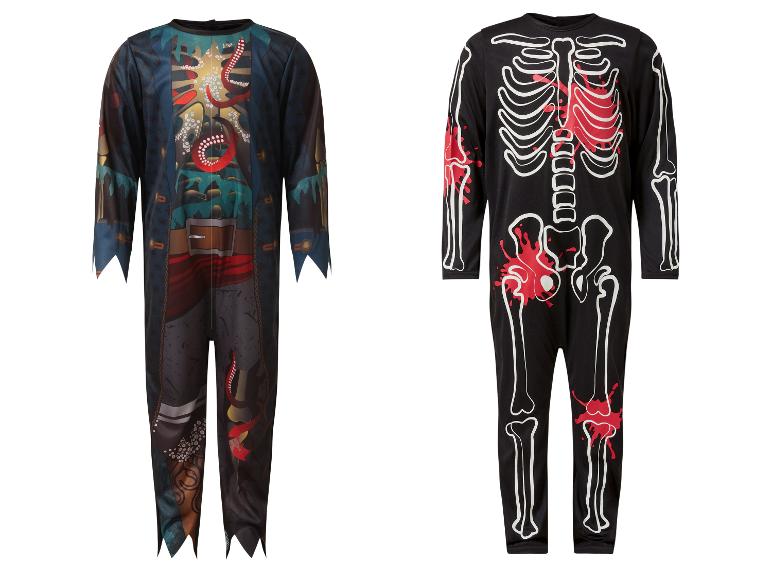 Zwei Kinder-Halloween-Kostüme: Pirat und Skelett mit Blut.
