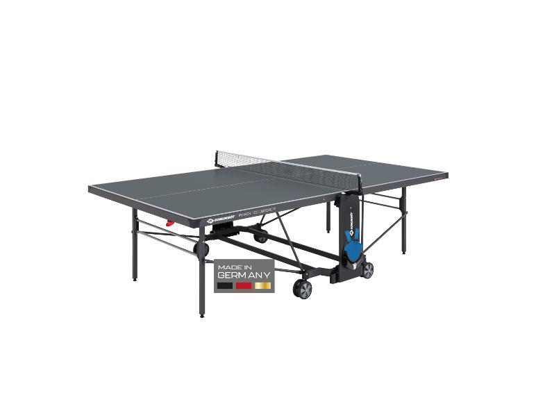 Tischtennisplatte mit Netz, grau, mit der Aufschrift „MADE IN GERMANY“