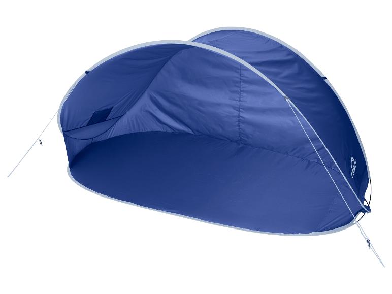 Blauer Strandmuschel mit weißen Rändern und Abspannseilen.