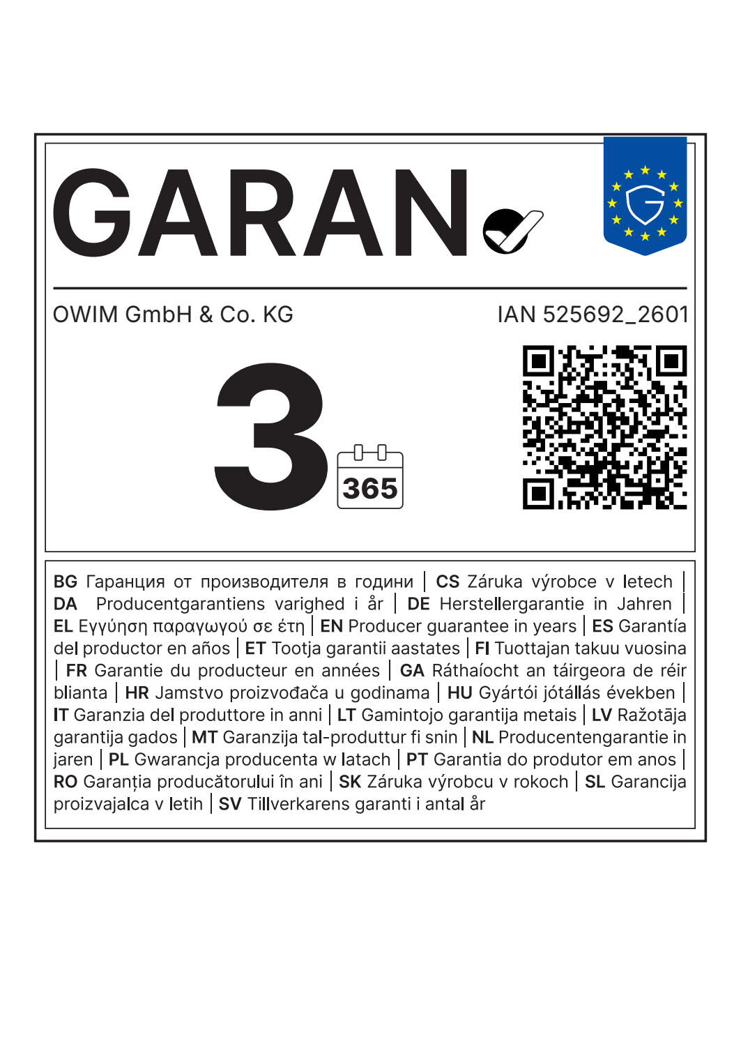 Garantiesiegel mit der Aufschrift 3 Jahre Herstellergarantie und Code IAN 525692_2601.