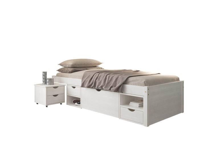 Weißes Bett mit Stauraum und passendem Nachttisch.