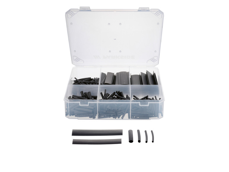 Eine Box mit schwarzen Schrumpfschläuchen der Marke Parkside.