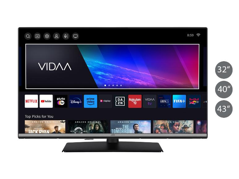 Ein JVC Smart-TV mit Streaming-Apps wie Netflix, YouTube und Amazon Prime Video.
