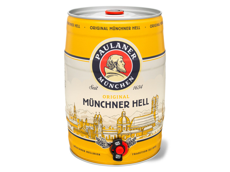 Gehe zu Vollbildansicht: Paulaner Original Münchner Hell 5 Liter Bierfass mit Zapfhahn, Pfandfrei 4,9 % Vol - Bild 1