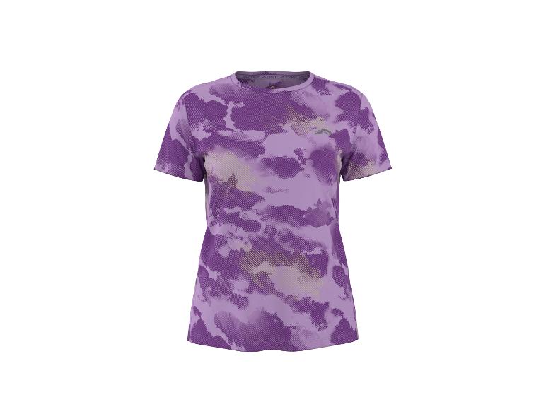 Lila Sport-T-Shirt mit abstrakten Mustern und diagonalen Streifen.