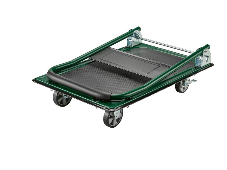 Grüner klappbarer Plattformwagen mit Rädern und schwarzem Griff.