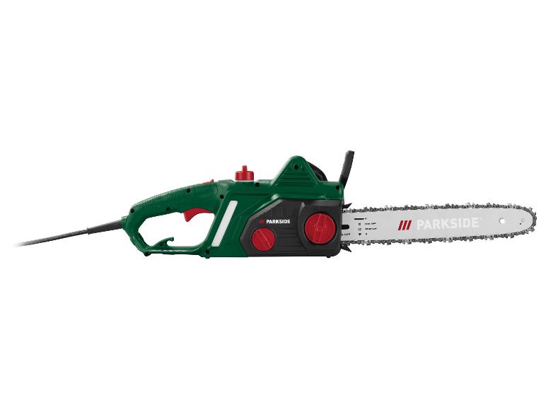 Eine grüne und schwarze Elektrokettensäge mit roten Details und einem weißen Blatt, der Marke Parkside.