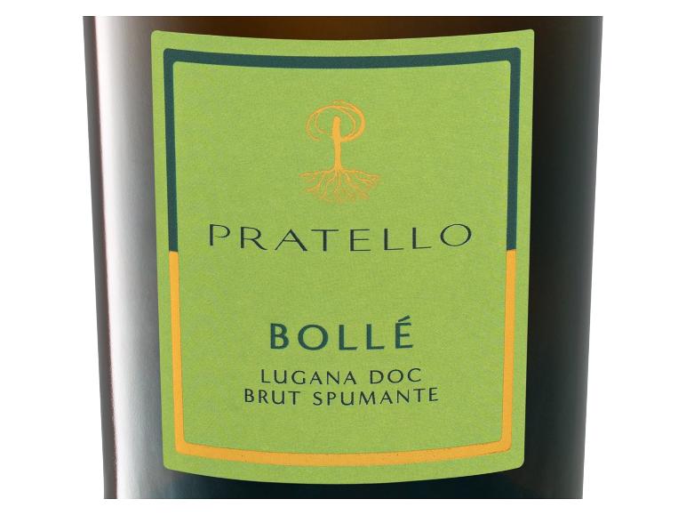 Flasche Pratello Bollé Lugana DOC Brut Spumante Sekt mit grünem Etikett.