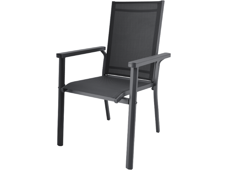 Dunkelgrauer Outdoor-Stuhl mit Netzbespannung an Sitz und Rückenlehne
