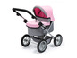 Ein rosa Puppenwagen mit Rädern.