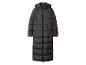 Langer schwarzer Steppmantel mit Kapuze und Reißverschluss.