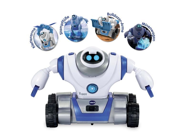 Weiß-blauer V-BOT Roboter mit vier Transformationsmodi: Kletterarme, Stampffüße, Bulldozer-Arme und Minenwagen.