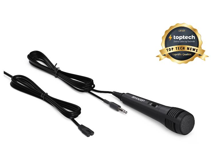 Schwarzes Mikrofon mit Kabeln und einem „Top Tech News“-Abzeichen mit der Aufschrift „Geprüfte Qualität“.