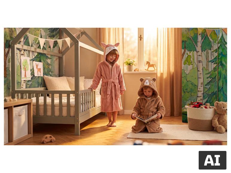 Kinder in gemütlichen LUPILU® Kinderbademänteln mit Tierkapuze im Zimmer. [KI-generiertes Bild]