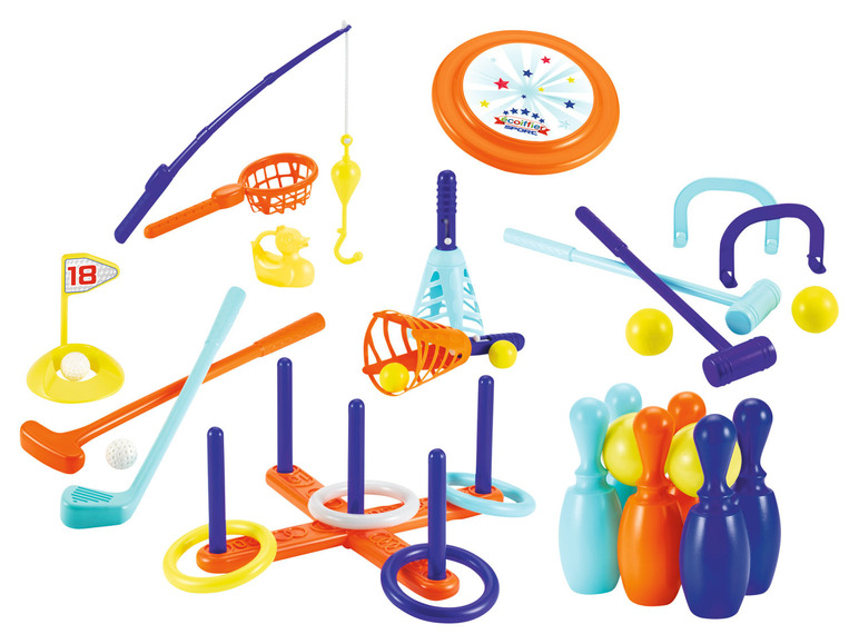 Ein Set mit verschiedenen Outdoor-Spielen, darunter Golf, Ringwurf, Bowling und Krocket.