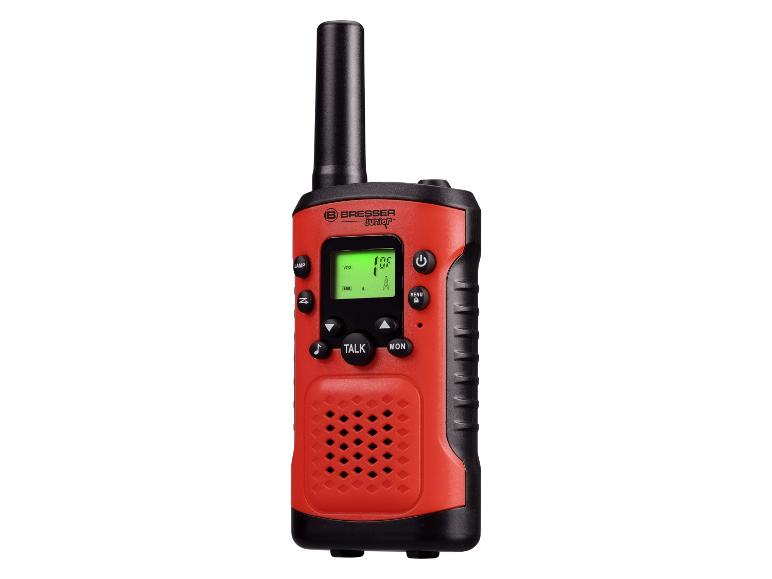 Rot-schwarzes Walkie-Talkie mit Display, das „0F“ anzeigt, und verschiedenen Tasten.