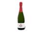 Grüne Sektflasche mit roter Folie und einem weißen Etikett mit der Aufschrift „Brut Riesling Sekt“.