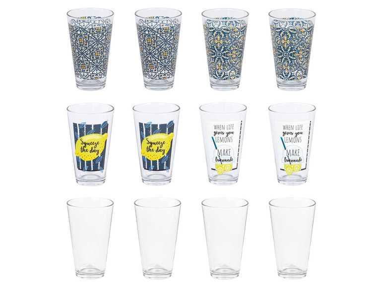 Gläser mit Zitronen-Dekor, darunter zwei mit 'Squeeze the day' und zwei mit 'When life gives you lemons, make lemonade'.