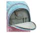 Rosa-blauer Kinderrucksack mit Katzenmuster, offenes Vorderfach mit Schlüsselring.