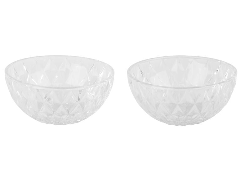 Zwei transparente Glasschalen, Diamantmuster.
