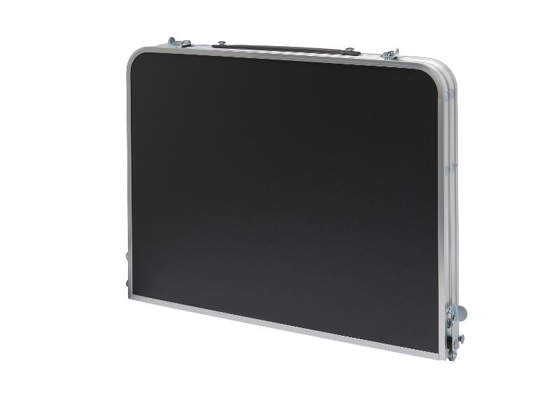 Klappbarer Campingtisch mit schwarzer Oberfläche und silbernem Aluminiumrahmen, aufrecht stehend.
