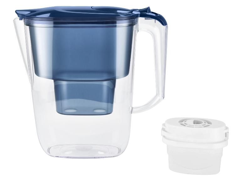 Blauer und transparenter Wasserfilterkrug mit einem weißen Ersatzfilter.
