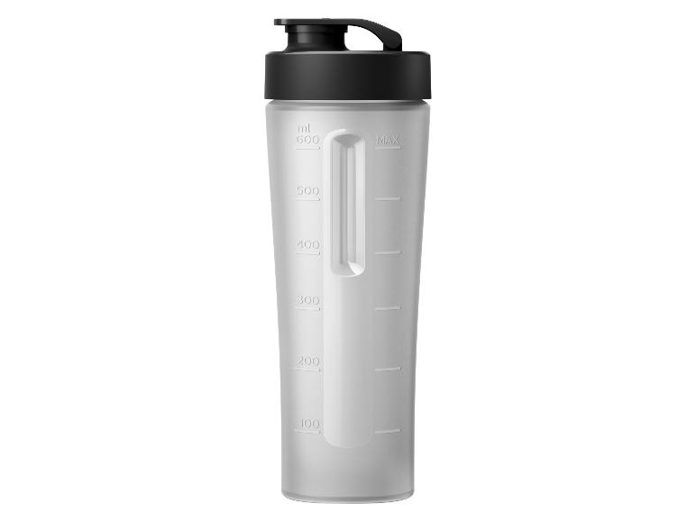 Weißer Sport-Shaker mit schwarzem Deckel und Messskala bis 600 ml.