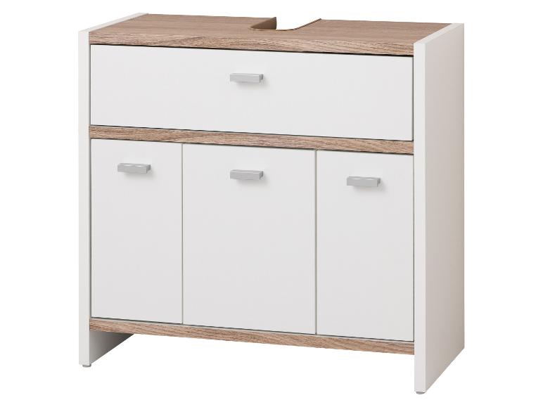Weißer und heller Holz-Badezimmerschrank mit einer Schublade und drei Türen.