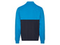 Ein blau-schwarzer Sportpullover mit langen Ärmeln.
