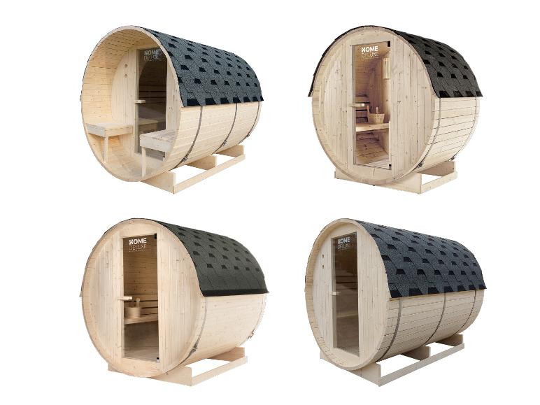 Vier Ansichten einer Holzfasssauna mit dunklem Schindeldach und Glastür.