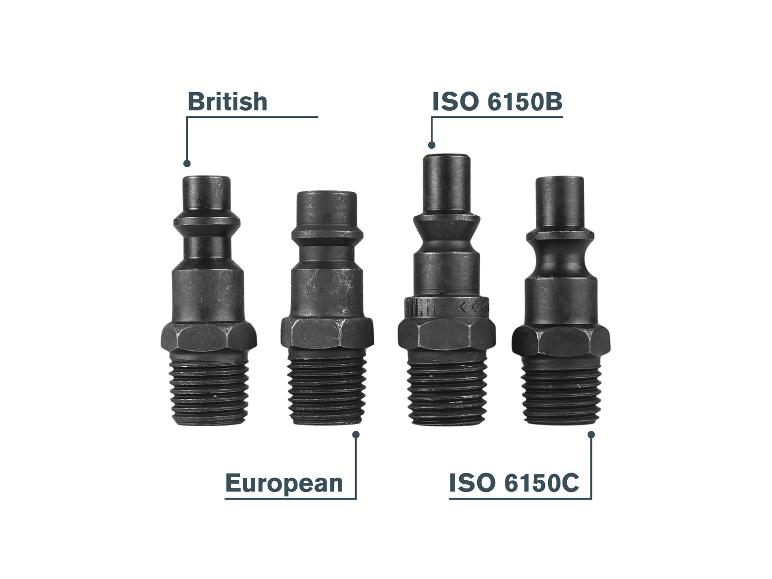 Vier verschiedene Typen von Druckluft-Schnellkupplungen: British, European, ISO 6150B und ISO 6150C.